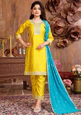 Yellow Embroidered Silk Kurta Set For Girls