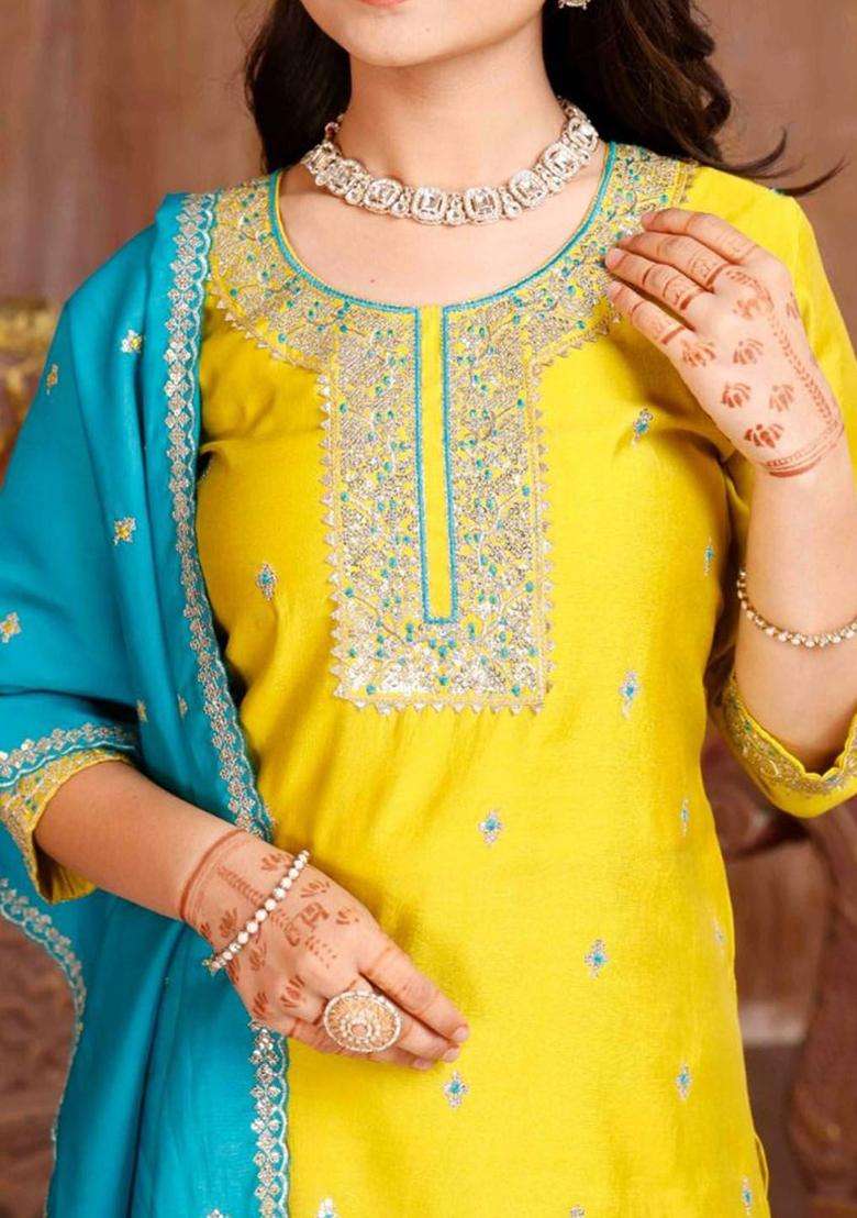 Yellow Embroidered Silk Kurta Set For Girls - Indya