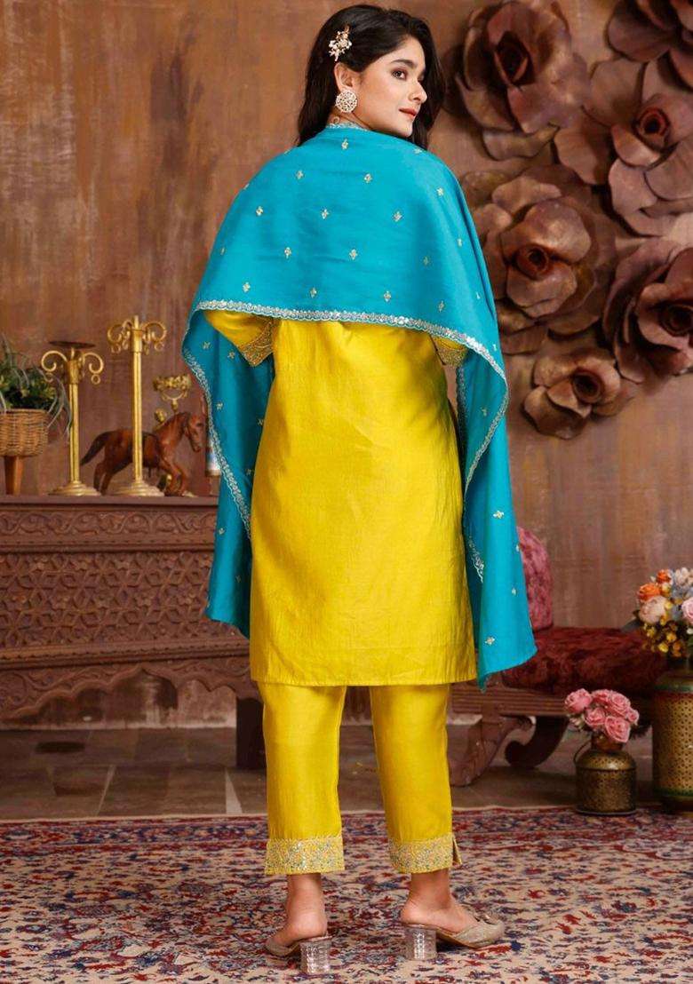 Yellow Embroidered Silk Kurta Set For Girls - Indya