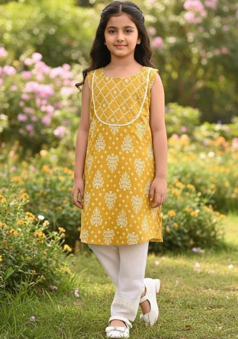 Yellow Printed Cotton Kurta Set For Girls — view on Indya