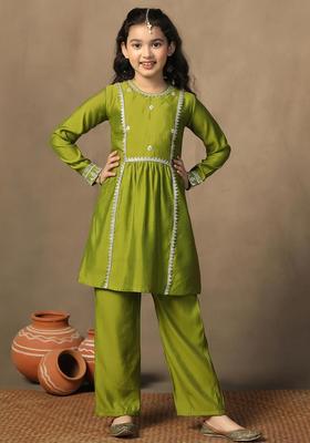 Green Embroidered Silk Kurta Set For Girls