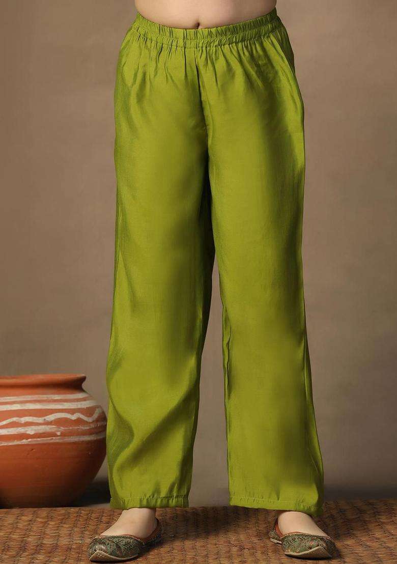 Green Embroidered Silk Kurta Set For Girls - Indya