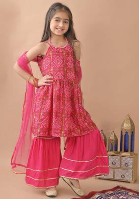 Pink Printed Chinon Kurta Set For Girls