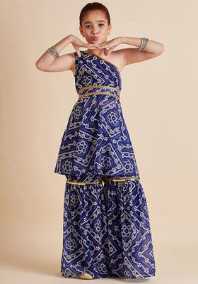 Blue Printed Polyester Kurta Set For Girls