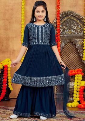 Blue Embroidered Georgette Kurta Set For Girls