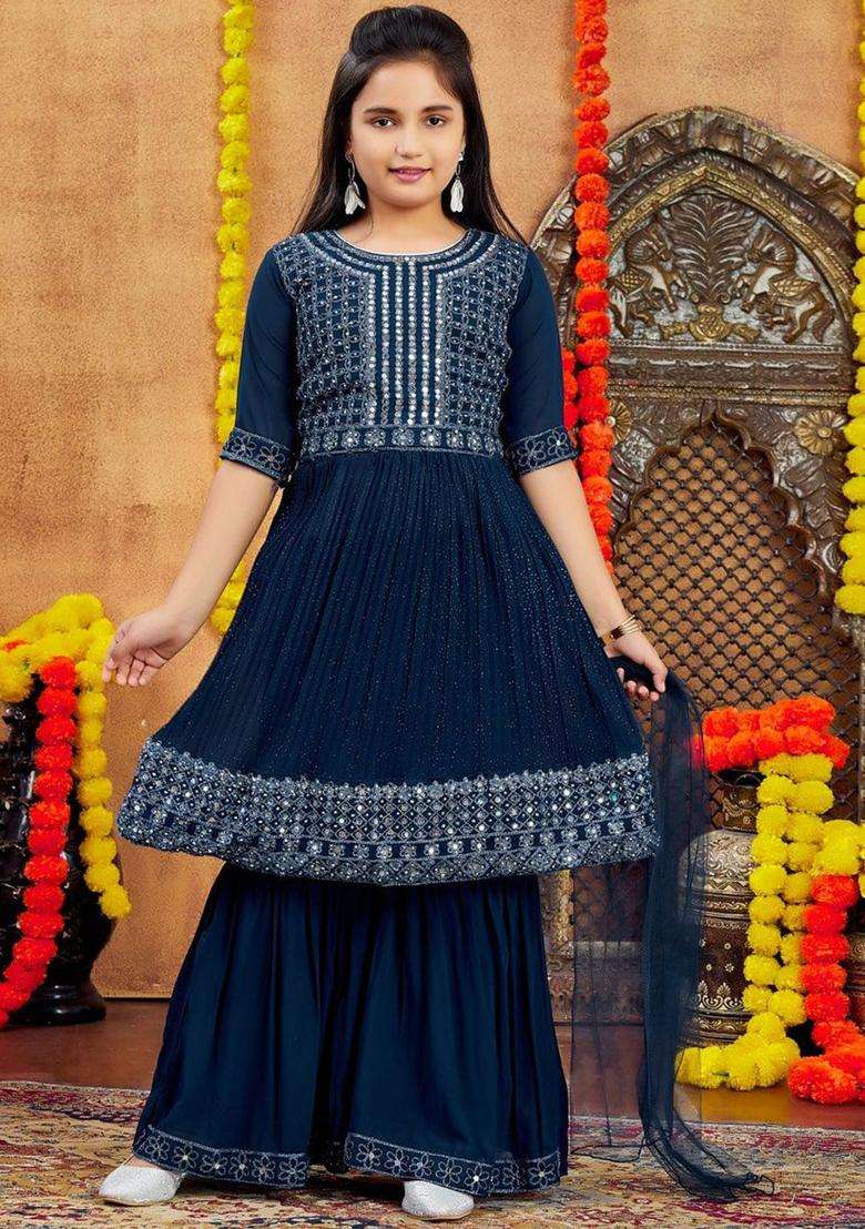 Blue Embroidered Georgette Kurta Set For Girls - Indya