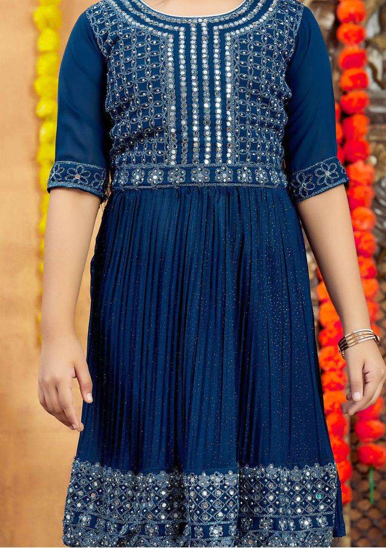Blue Embroidered Georgette Kurta Set For Girls - Indya