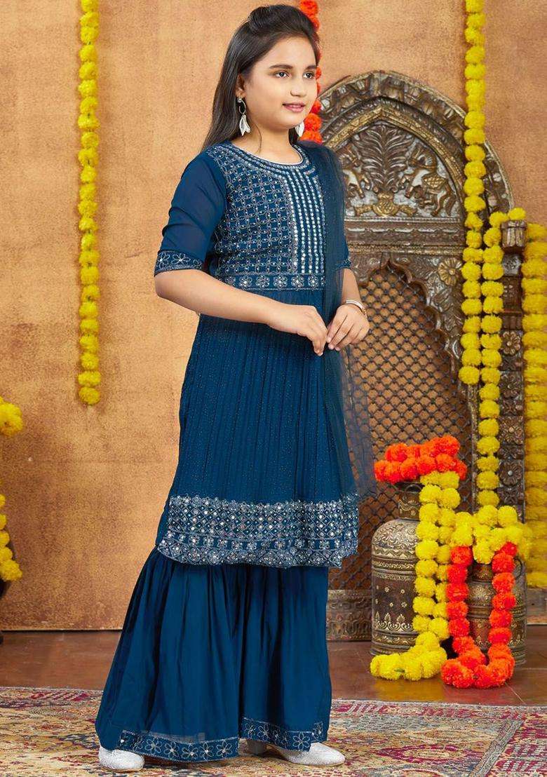 Blue Embroidered Georgette Kurta Set For Girls - Indya
