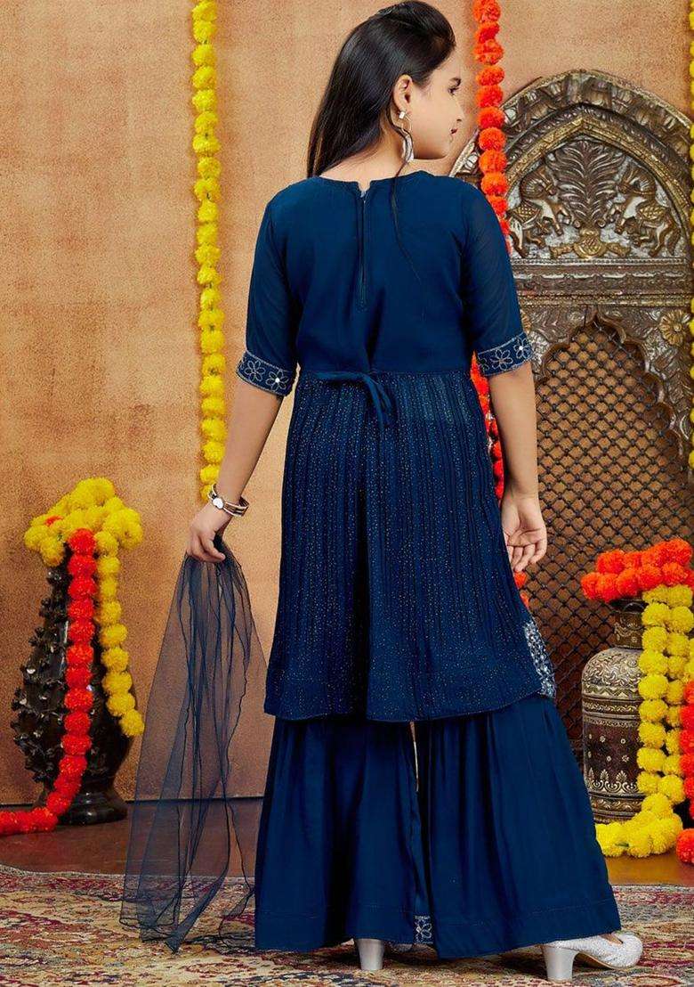 Blue Embroidered Georgette Kurta Set For Girls - Indya