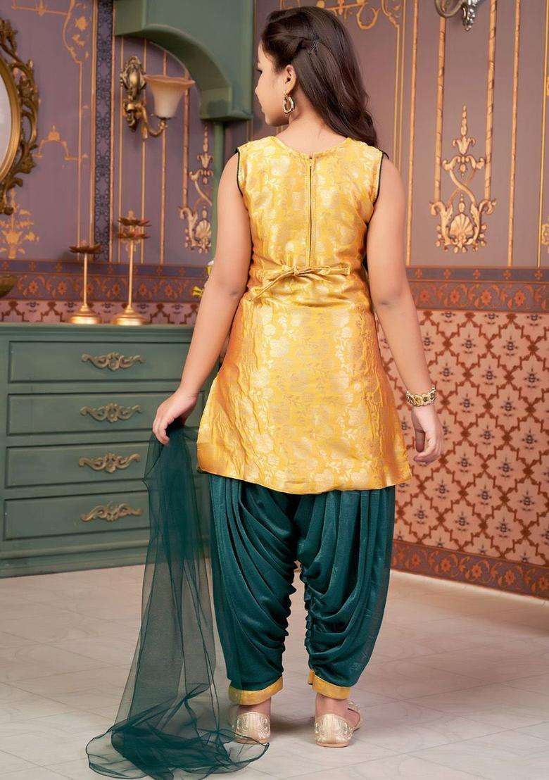 Yellow Embroidered Silk Kurta Set For Girls - Indya