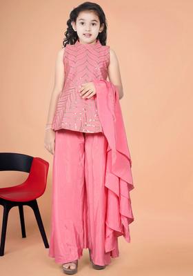 Pink Printed Silk Kurta Set For Girls