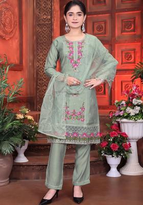 Sea Green Embroidered Silk Kurta Set For Girls