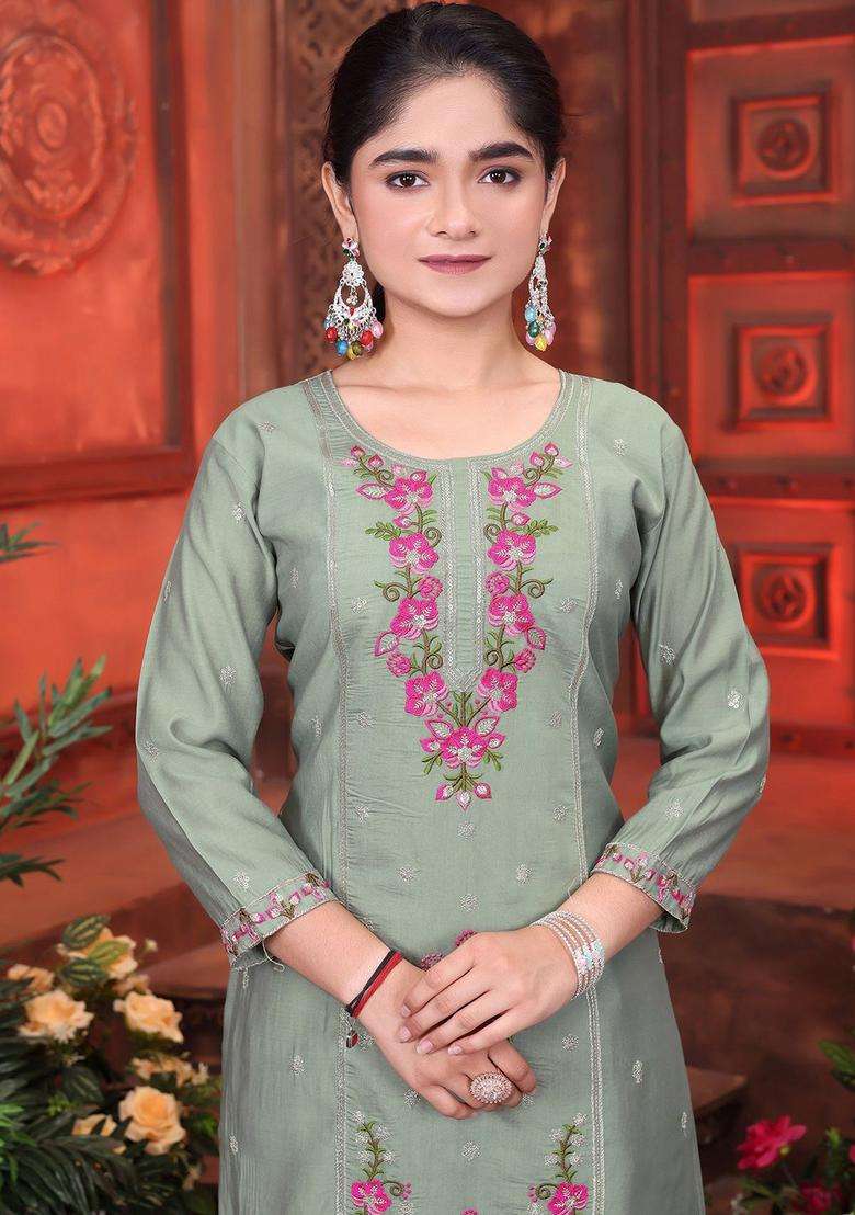 Sea Green Embroidered Silk Kurta Set For Girls - Indya