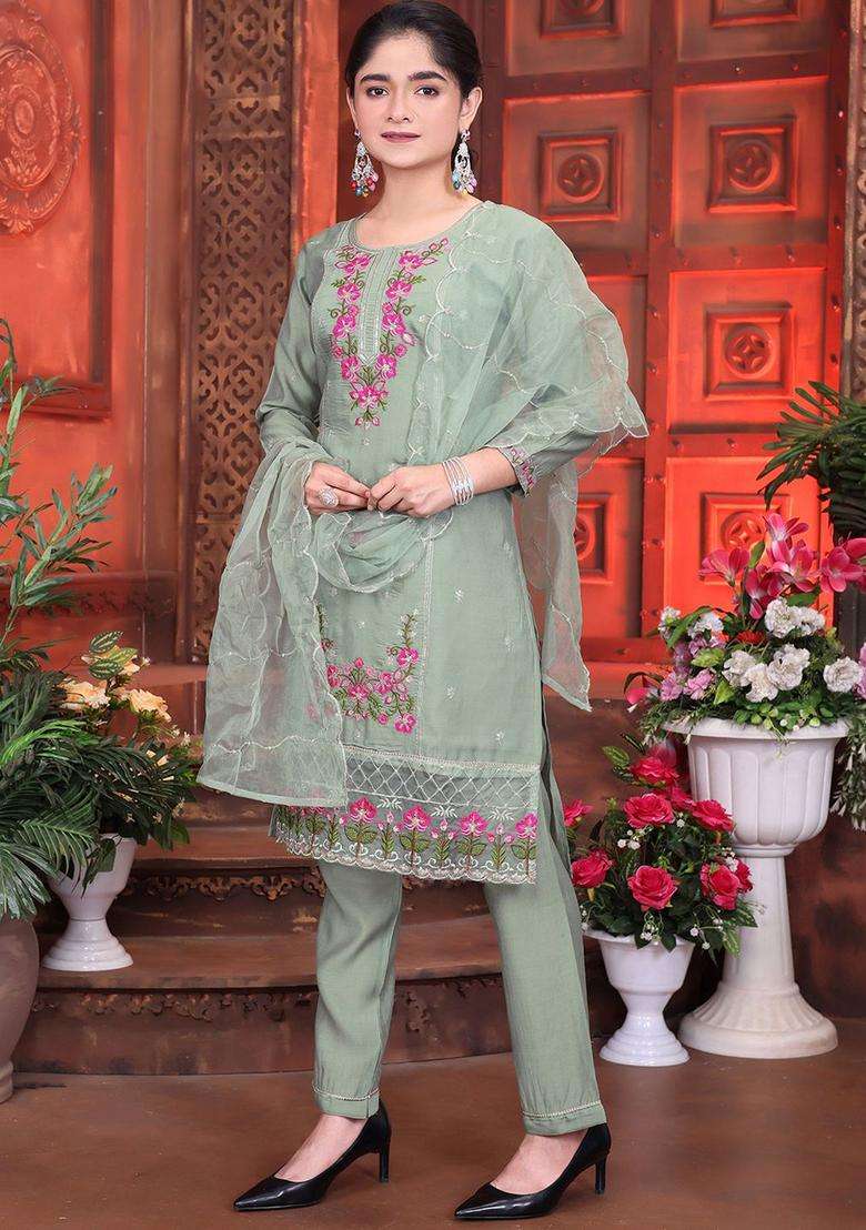 Sea Green Embroidered Silk Kurta Set For Girls - Indya