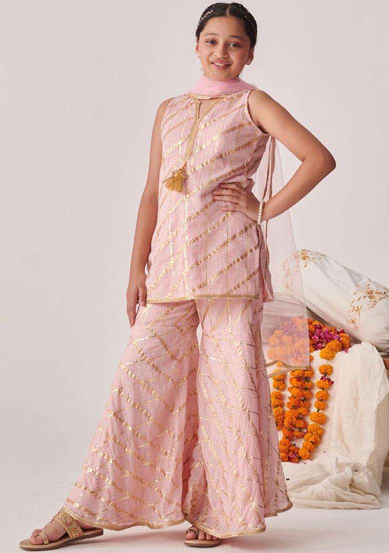 Peach Self Design Georgette Kurta Set For Girls - Indya