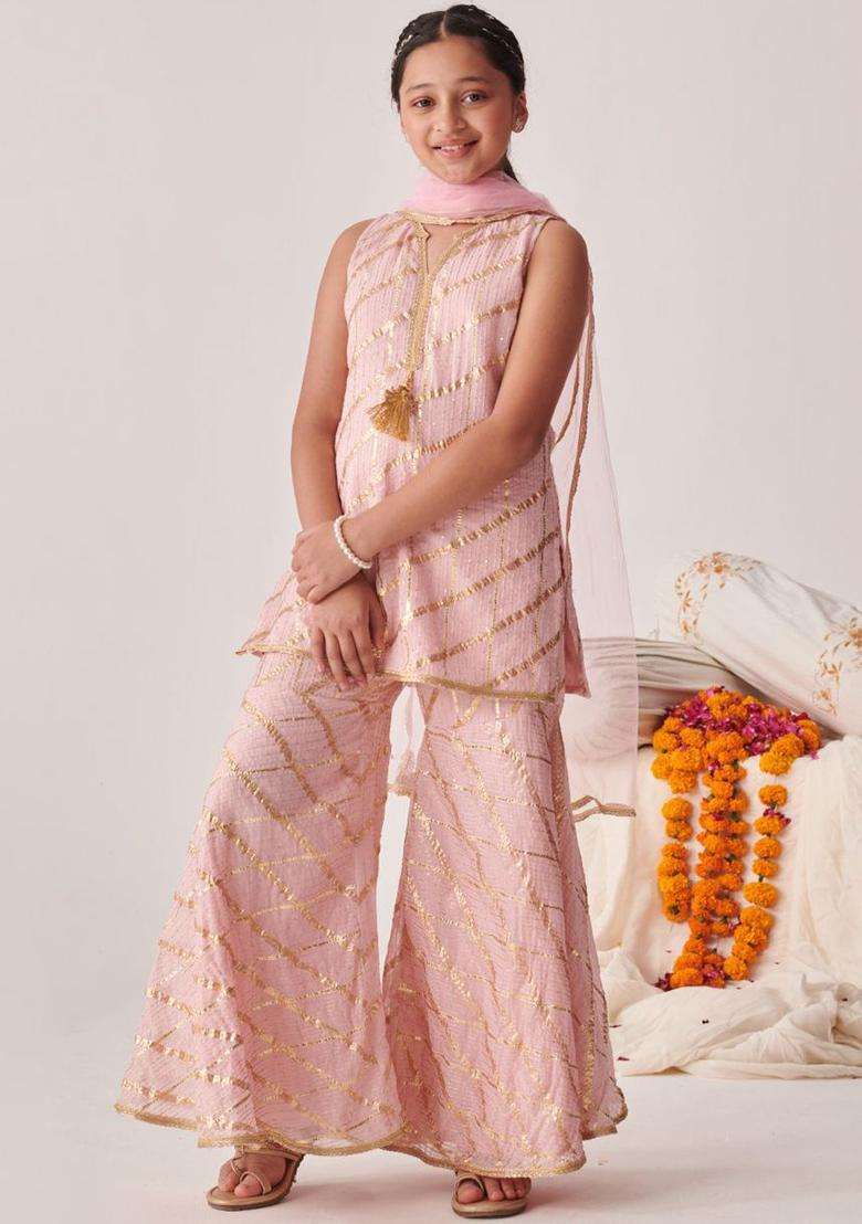 Peach Self Design Georgette Kurta Set For Girls - Indya