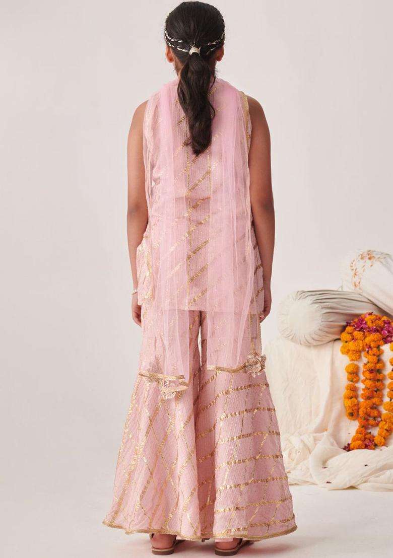 Peach Self Design Georgette Kurta Set For Girls - Indya