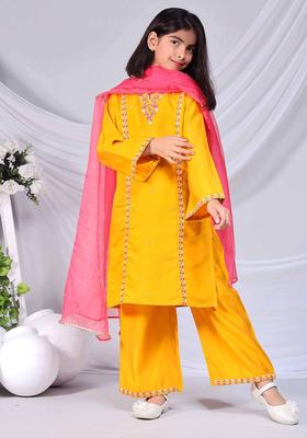Yellow Embroidered Silk Kurta Set For Girls