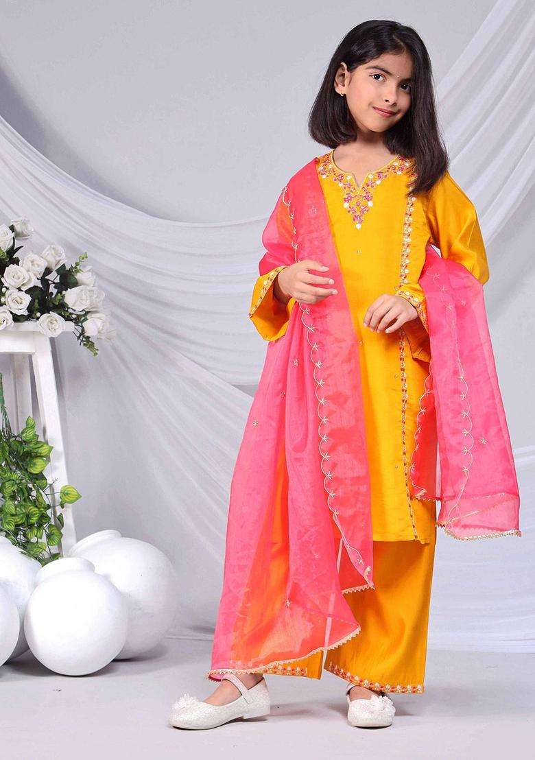 Yellow Embroidered Silk Kurta Set For Girls - Indya