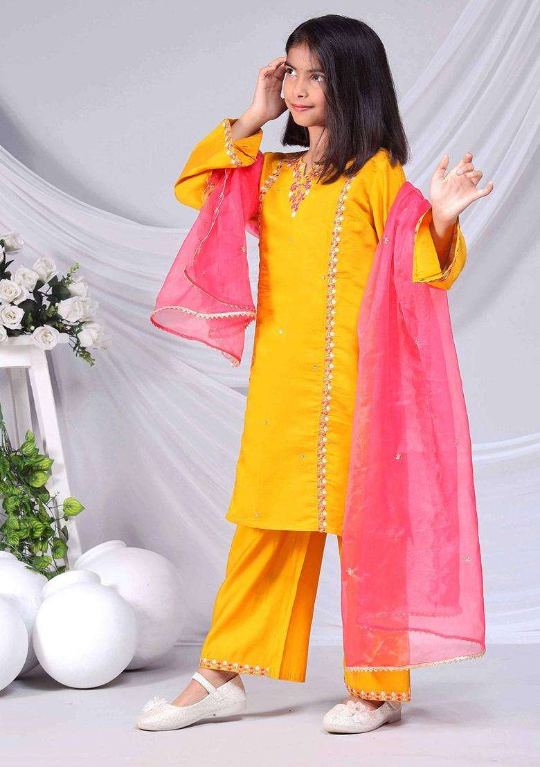 Yellow Embroidered Silk Kurta Set For Girls - Indya