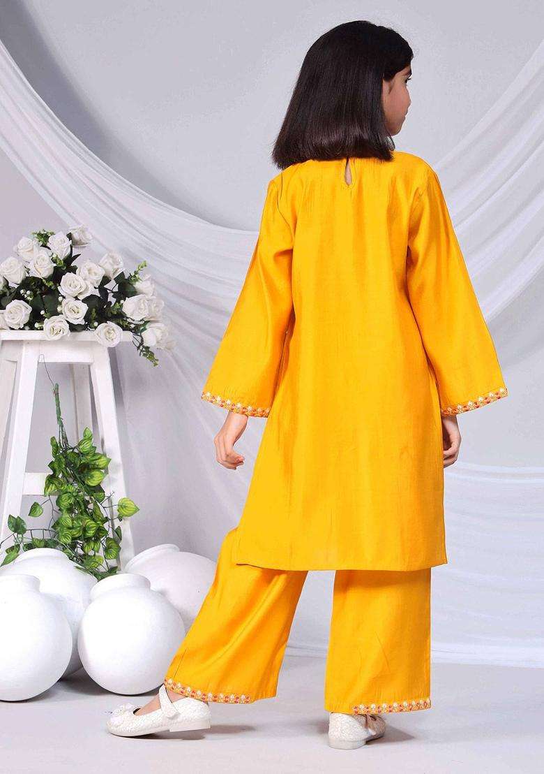 Yellow Embroidered Silk Kurta Set For Girls - Indya