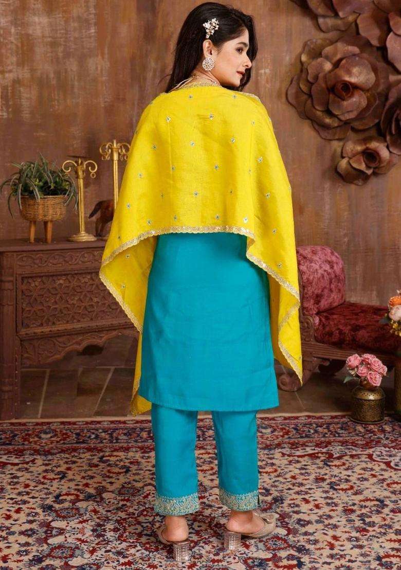 Turquoise Blue Embroidered Silk Kurta Set For Girls - Indya