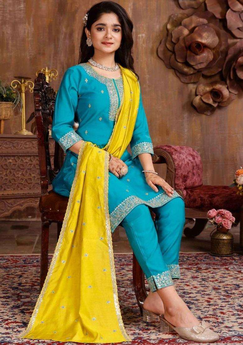 Turquoise Blue Embroidered Silk Kurta Set For Girls - Indya