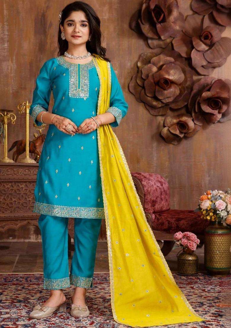 Turquoise Blue Embroidered Silk Kurta Set For Girls - Indya