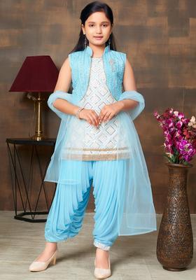Turquoise Blue Embroidered Silk Kurta Set For Girls