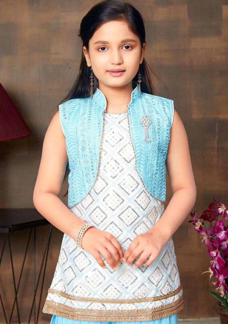Turquoise Blue Embroidered Silk Kurta Set For Girls - Indya