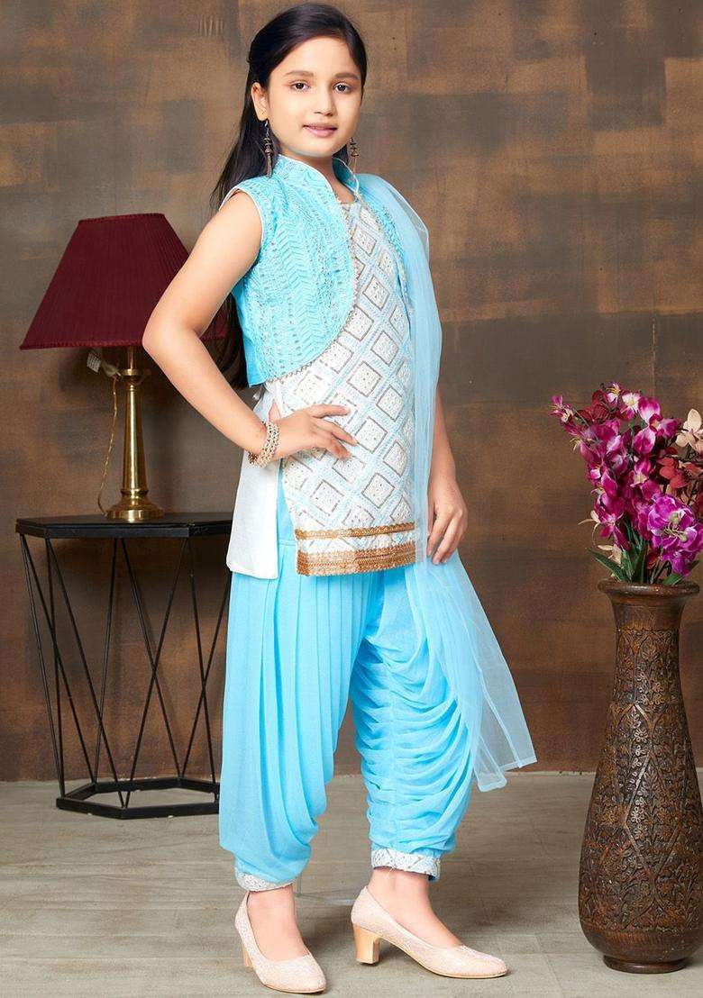 Turquoise Blue Embroidered Silk Kurta Set For Girls - Indya