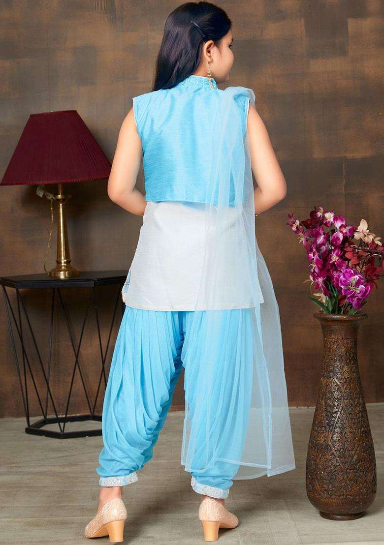Turquoise Blue Embroidered Silk Kurta Set For Girls - Indya