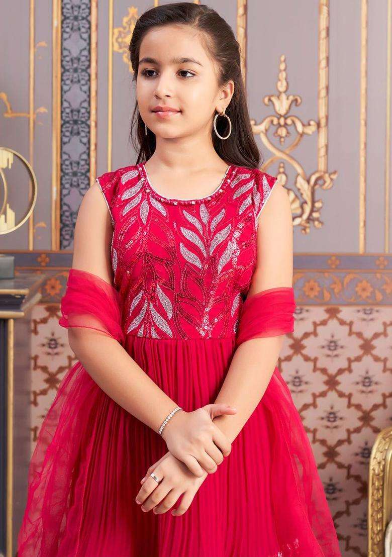 Pink Yoke Design Georgette Kurta Set For Girls - Indya