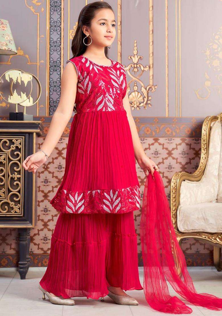 Pink Yoke Design Georgette Kurta Set For Girls - Indya
