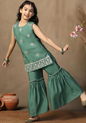 Green Embroidered Silk Kurta Set For Girls