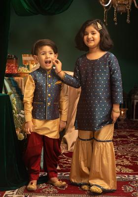 Navy Blue Printed Silk Kurta Set For Girls
