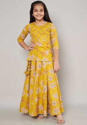 Mustard Printed Cotton Kurta Set For Girls