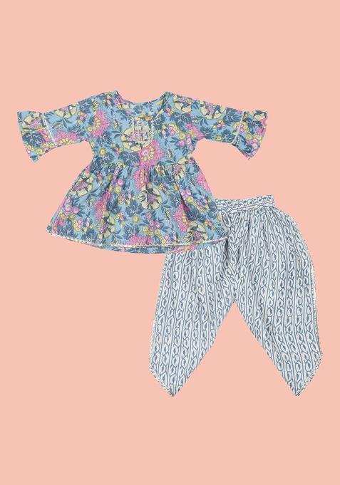 Blue Printed Cotton Kurta Set For Girls — view on Indya