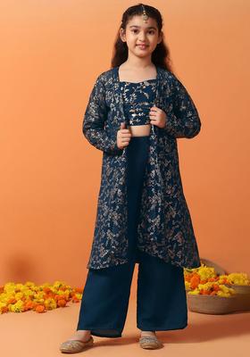 Navy Blue Embroidered Georgette Kurta Set For Girls