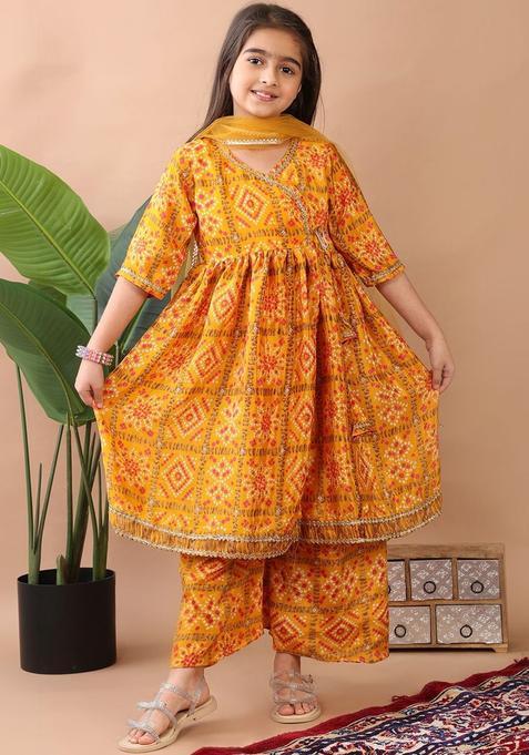 Yellow Printed Cotton Kurta Set For Girls — view on Indya