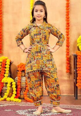 Mustard Printed Cotton Kurta Set For Girls