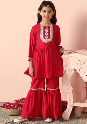 Pink Embroidered Silk Kurta Set For Girls