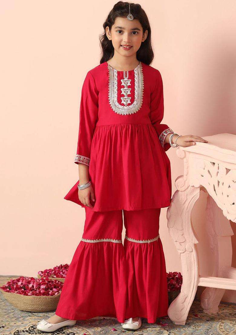 Pink Embroidered Silk Kurta Set For Girls - Indya