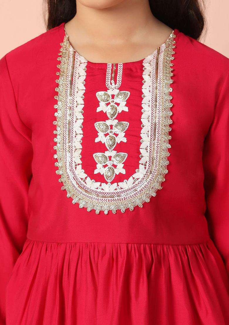 Pink Embroidered Silk Kurta Set For Girls - Indya