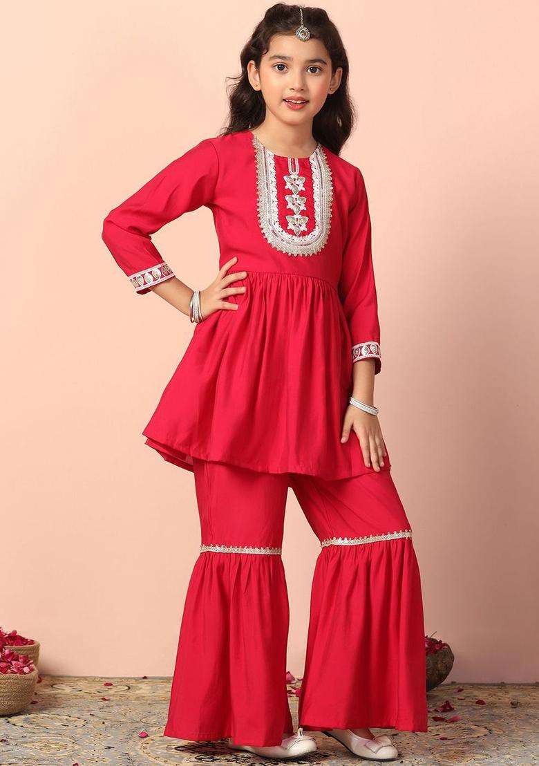 Pink Embroidered Silk Kurta Set For Girls - Indya