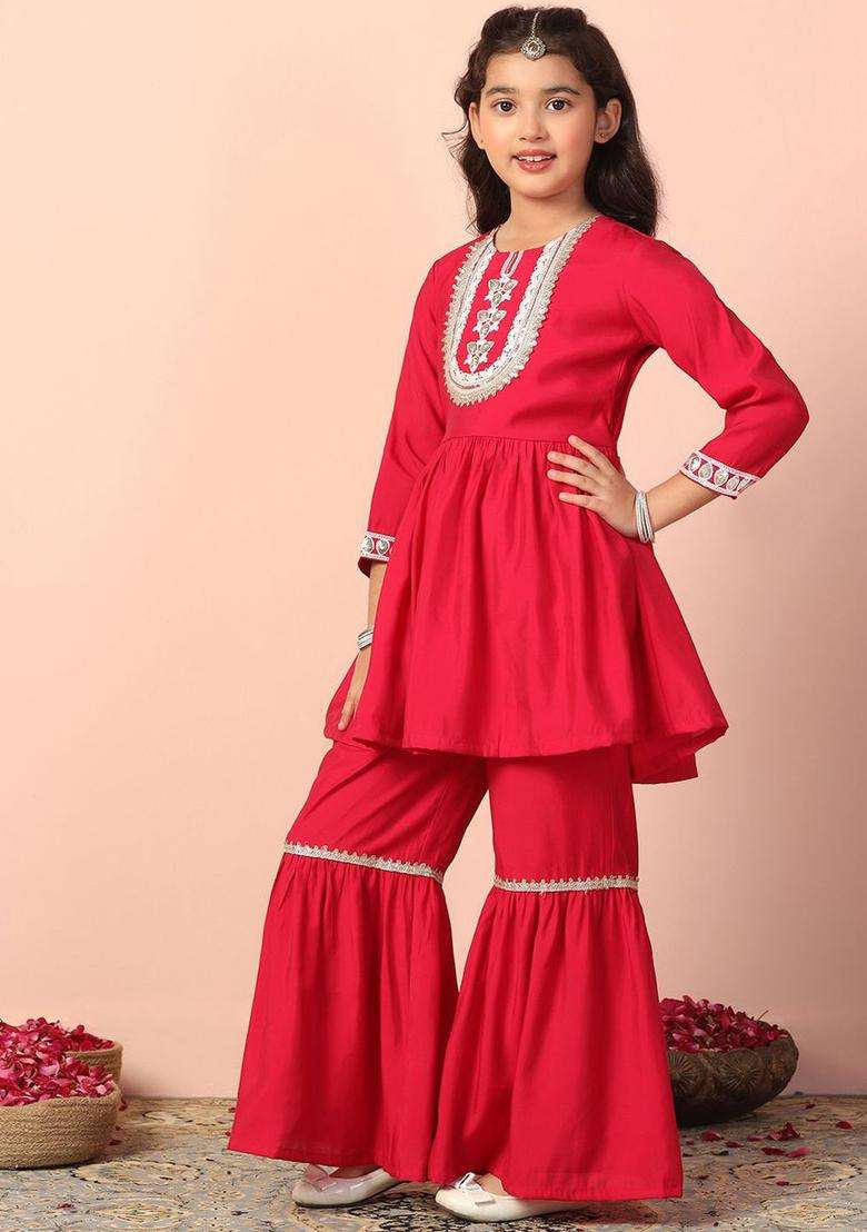Pink Embroidered Silk Kurta Set For Girls - Indya