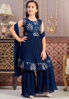 Turquoise Blue Printed Georgette Kurta Set For Girls