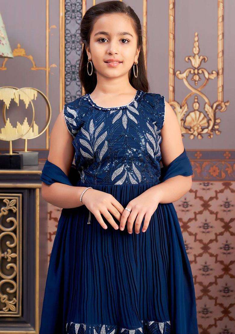 Turquoise Blue Printed Georgette Kurta Set For Girls - Indya
