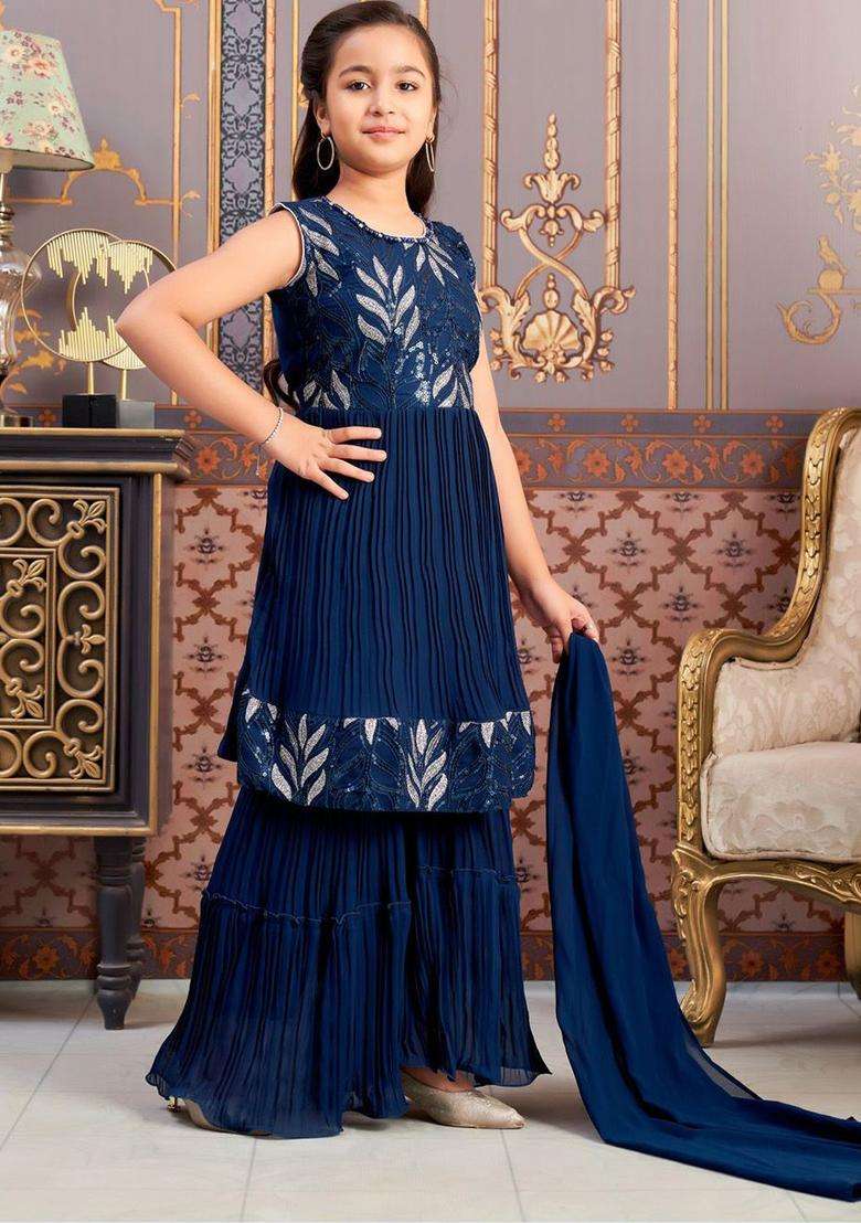 Turquoise Blue Printed Georgette Kurta Set For Girls - Indya