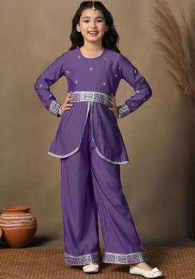 Purple Embroidered Silk Kurta Set For Girls